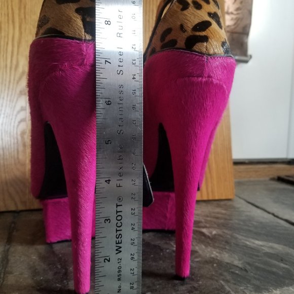 Rare size 11 Pink and Leopard Pony Hair 7 Inch Platform Heels - Picture 4 of 16